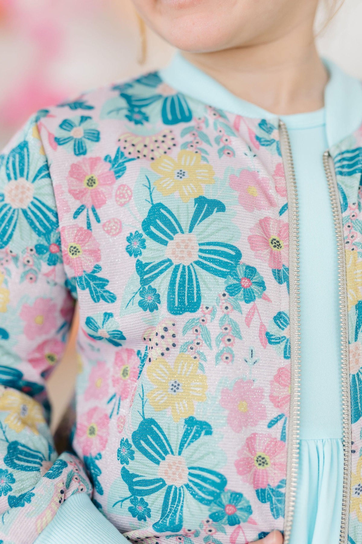 girls pastel floral shimmer jacket with zipper detail in pink and blue satin jacket for girls