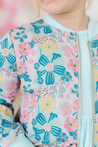 girls pastel floral shimmer jacket with zipper detail in pink and blue satin jacket for girls