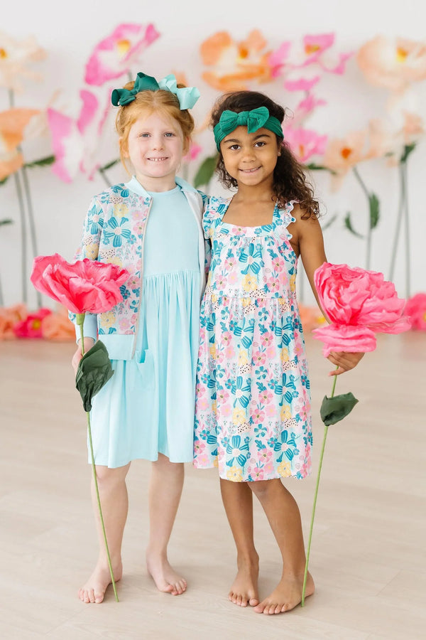 Girls light blue floral shimmer satin jacket for girls with long sleeves and zipper closure