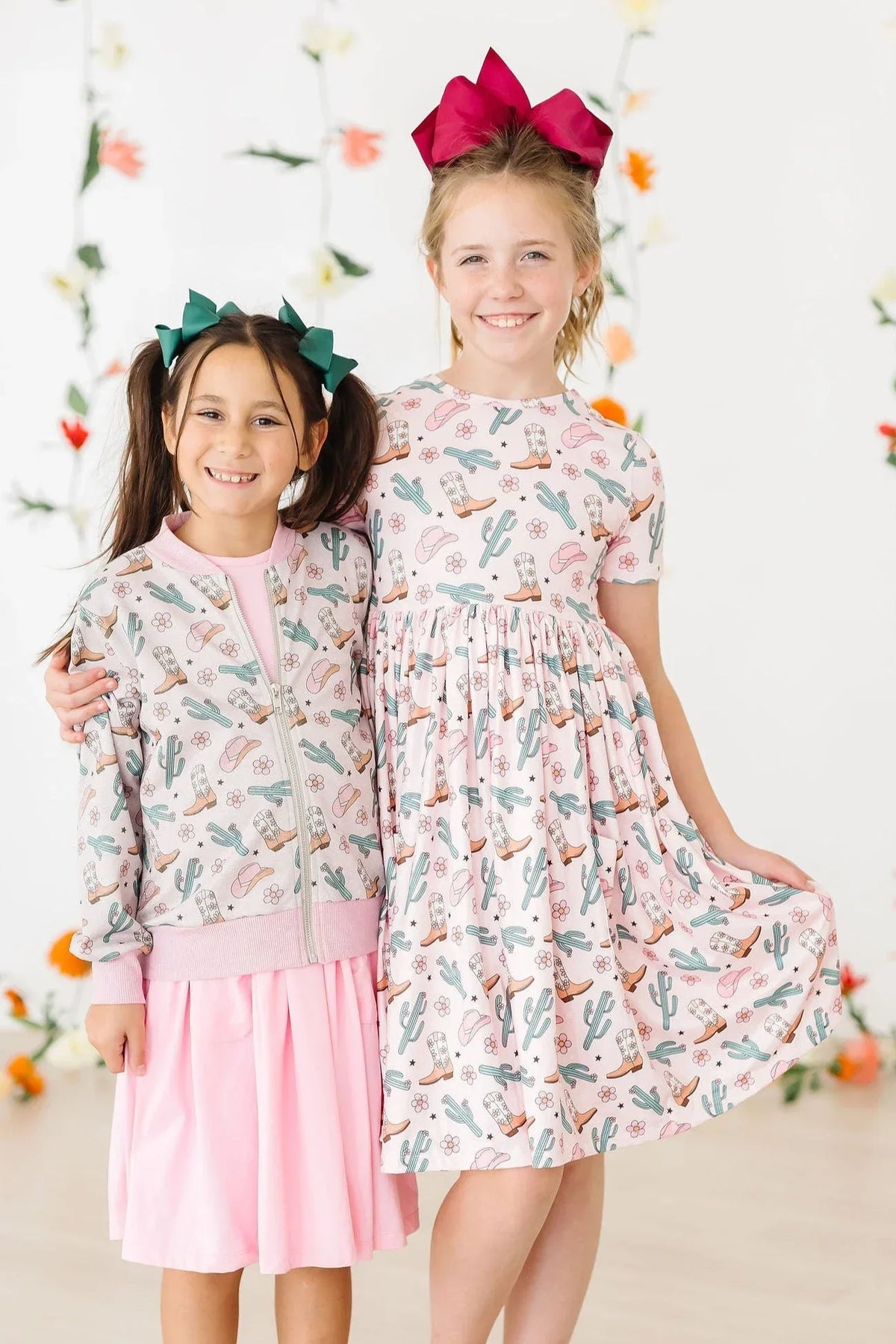 girls pink shimmer jacket with cactus print, long sleeve and matching dress set