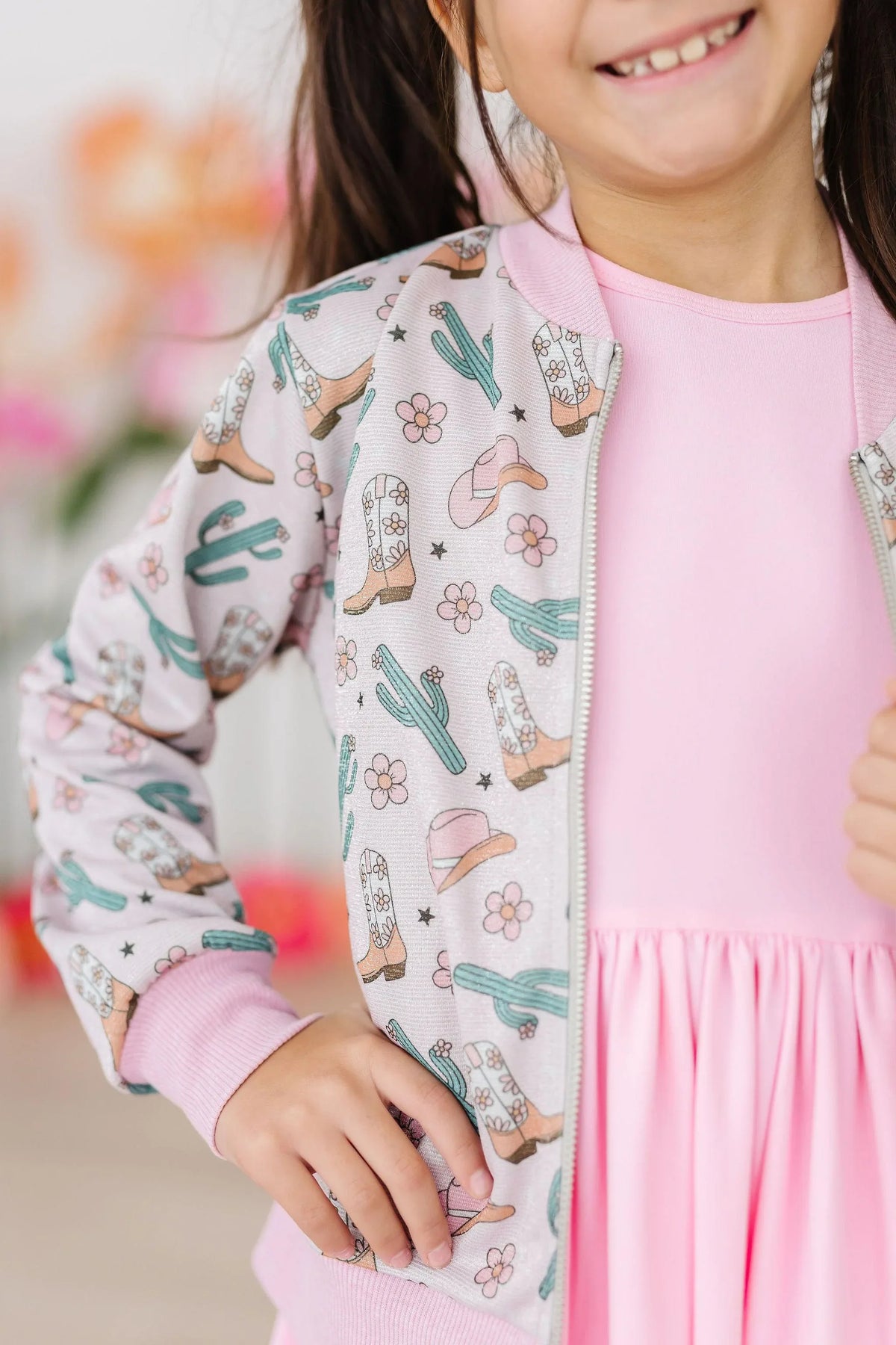 Girls pink shimmer jacket with cowboy boots and cactus print, long sleeve shimmer jacket by Mila & Rose