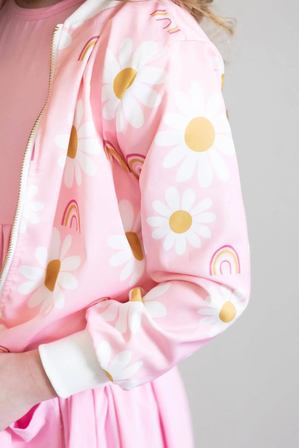 Girls pink satin jacket with white daisy and rainbow print, long sleeve by Mila and Rose