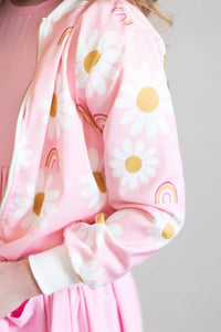 Girls pink satin jacket with white daisy and rainbow print, long sleeve by Mila and Rose