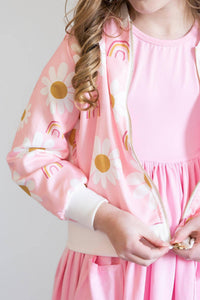 Girls pink satin jacket with white daisies and rainbows, long sleeve with white cuffs
