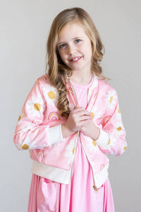 Girls pink satin jacket with white daisy and rainbow print, long sleeve by Mila & Rose