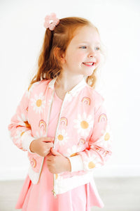 Girls pink satin jacket with white daisies and rainbows, long sleeve