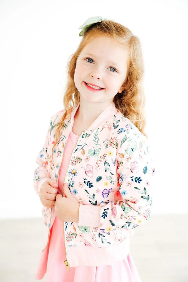 girls pink floral satin jacket with ribbed cuffs and collar by Mila and Rose