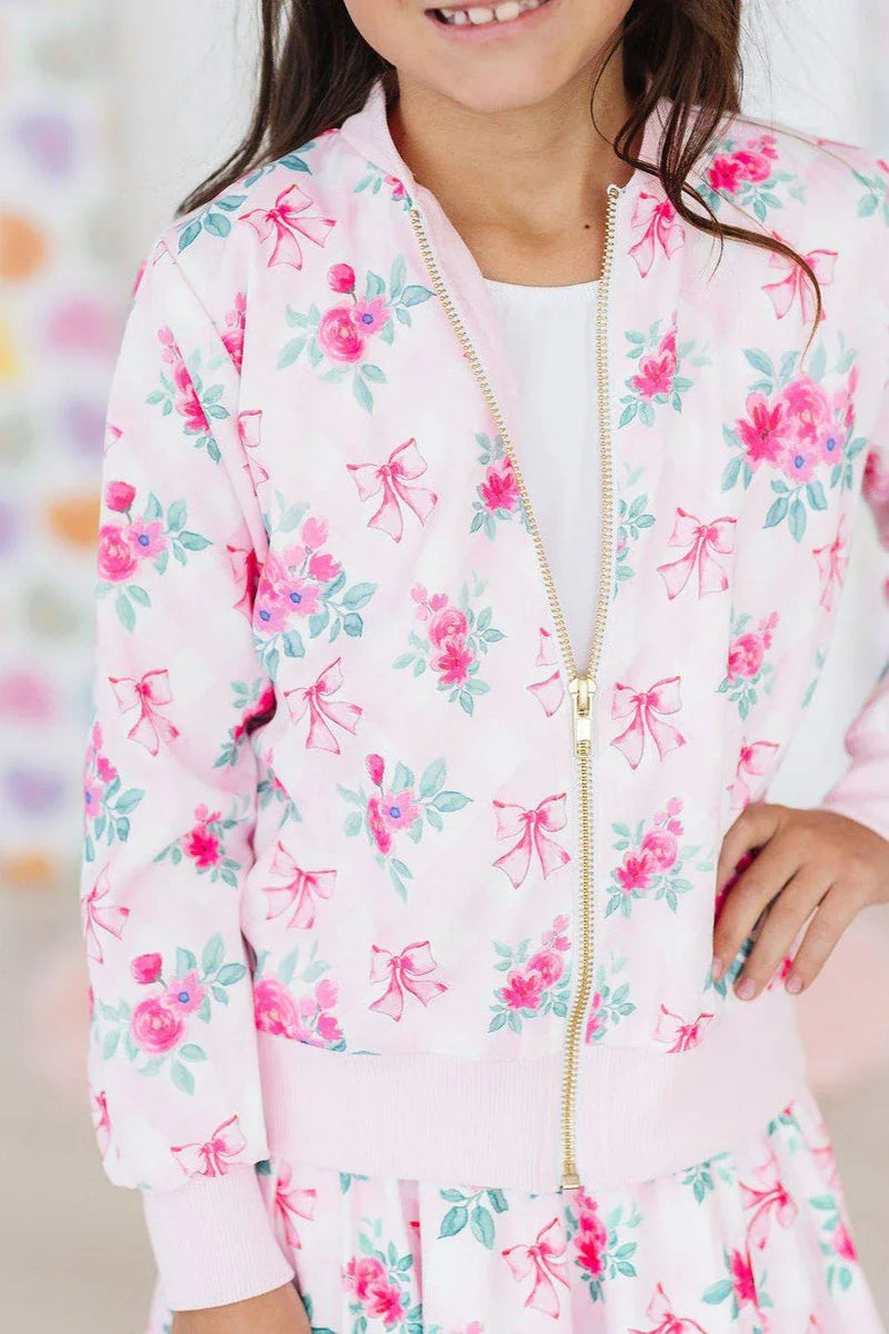 Girls pink floral satin jacket with gold zipper and long sleeves by Mila & Rose