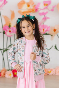 Girls light pink satin jacket with cactus print and ribbed cuffs in size small