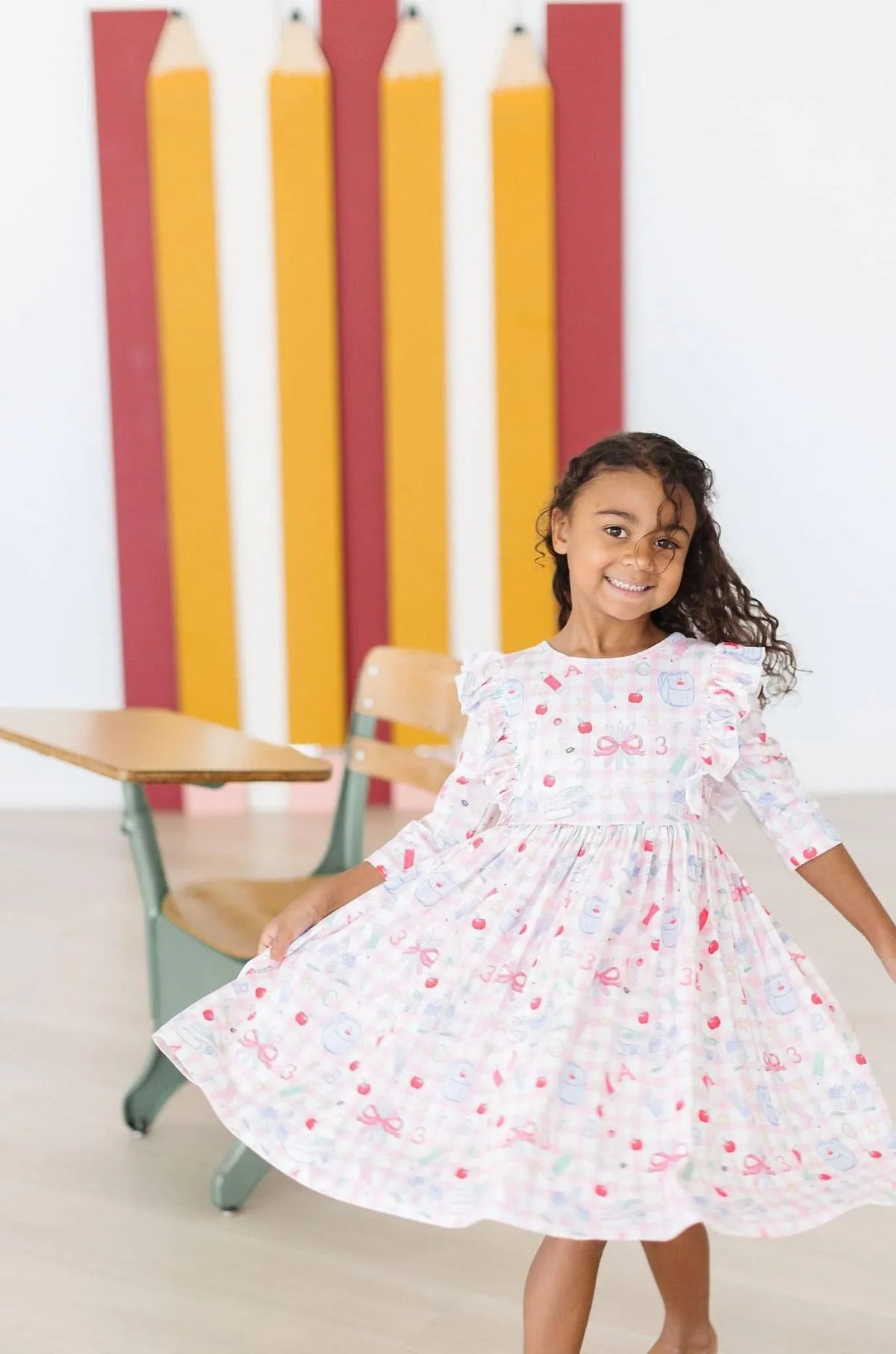 Girls white and pink twirl ruffle dress with 3 quarter sleeves perfect school days girls ruffle dress