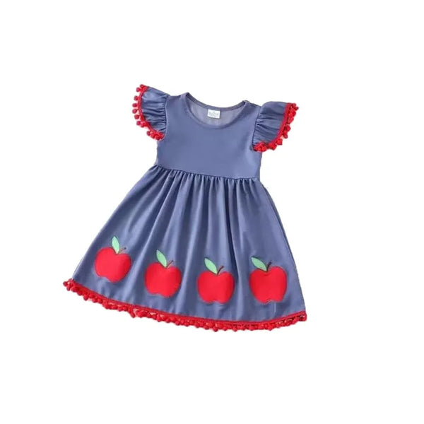 School themed girls dress in blue with red apple appliques and red trim on sleeves and hem