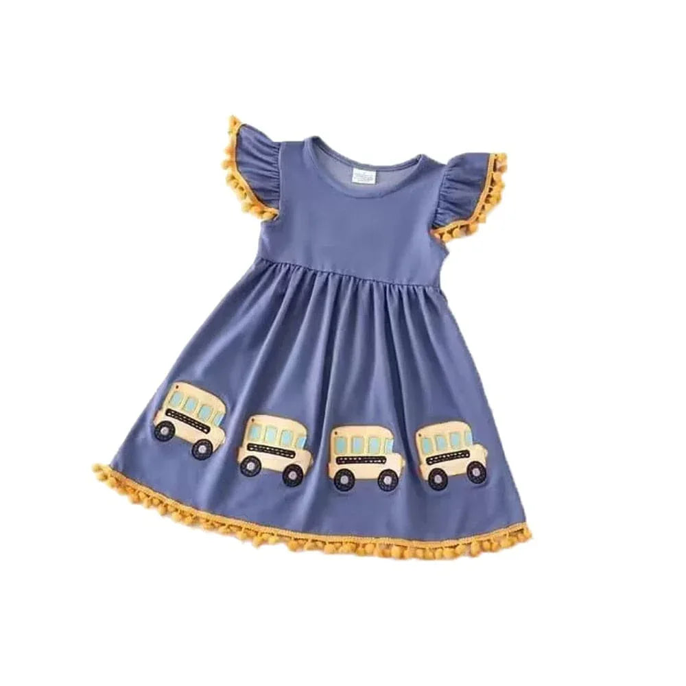 Girls blue school themed girls dress with yellow trim and school bus appliques for toddlers