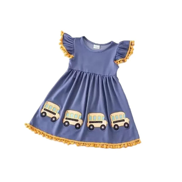 Girls blue school themed girls dress with yellow trim and school bus appliques for toddlers