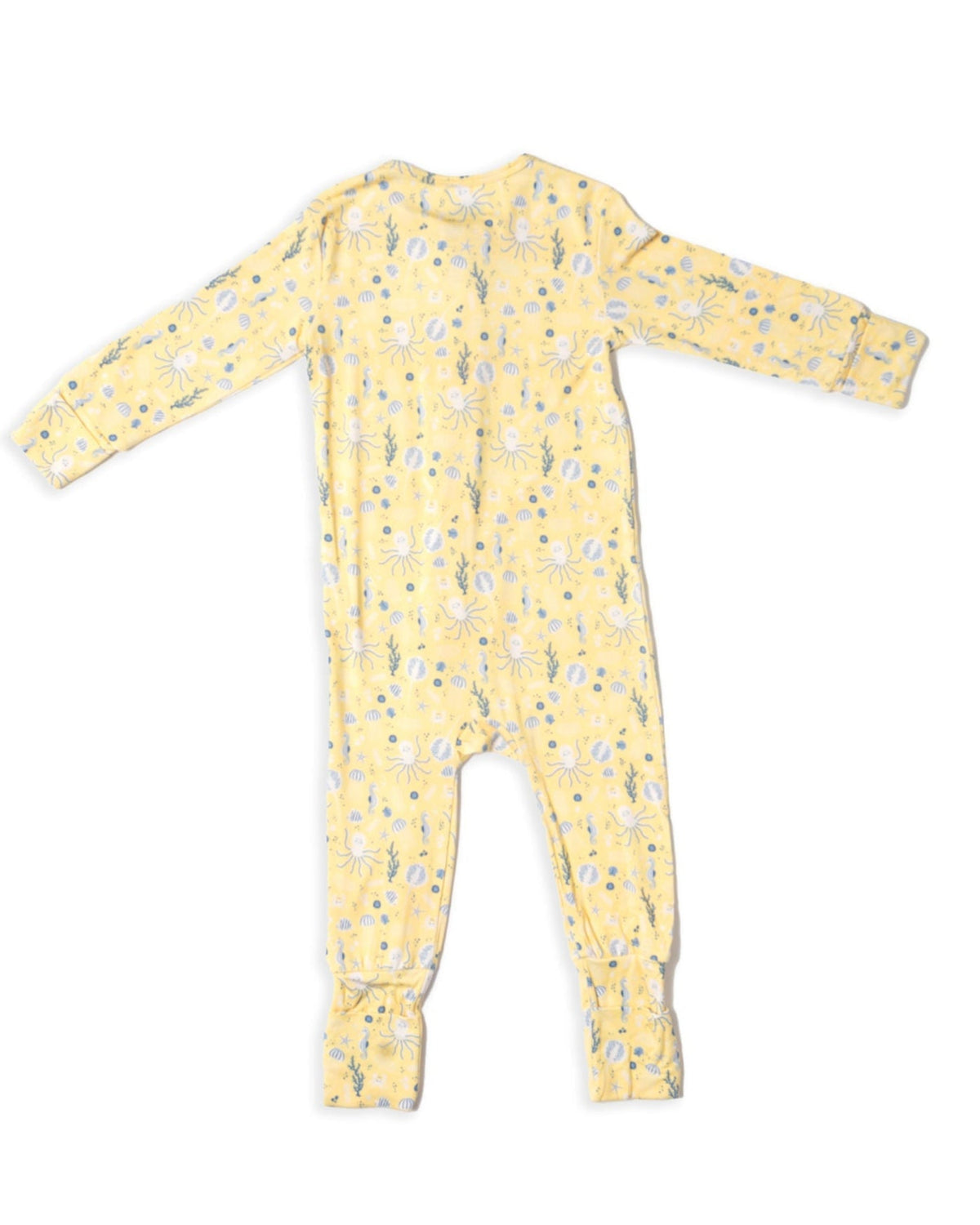 Yellow bamboo toddler romper featuring sea creatures print. Soft, breathable ocean-themed pajamas for babies.