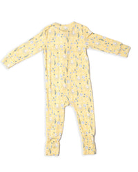 Yellow bamboo toddler romper featuring sea creatures print. Soft, breathable ocean-themed pajamas for babies.