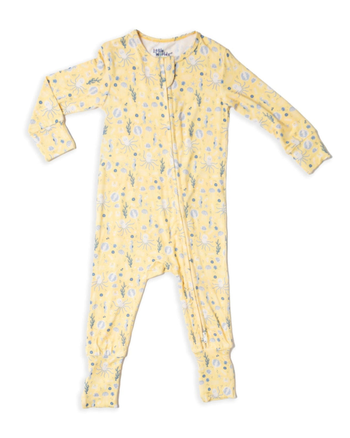 Yellow bamboo toddler romper featuring octopus and seahorse print with front zipper for soft, breathable sleepwear.