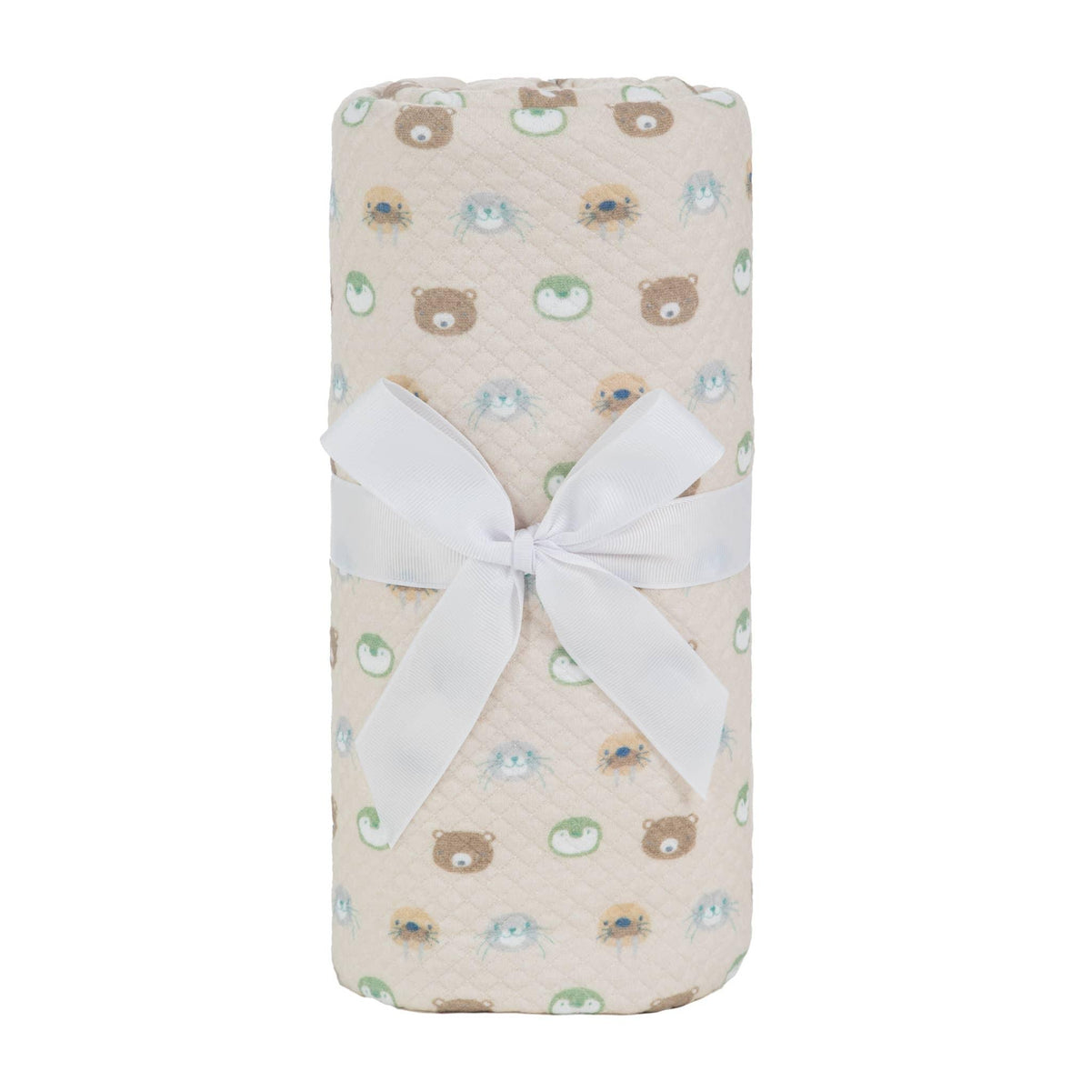 Beige Sealy baby knit blanket with animal face pattern and white ribbon for newborns