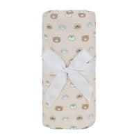 Beige Sealy baby knit blanket with animal face pattern and white ribbon for newborns