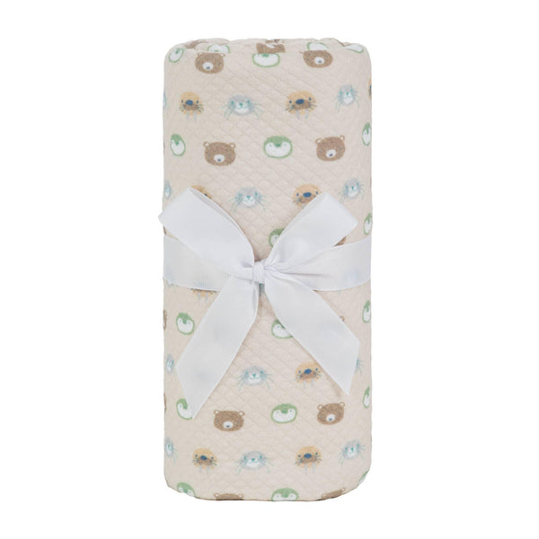Beige Sealy baby knit blanket with animal face pattern and white ribbon for newborns
