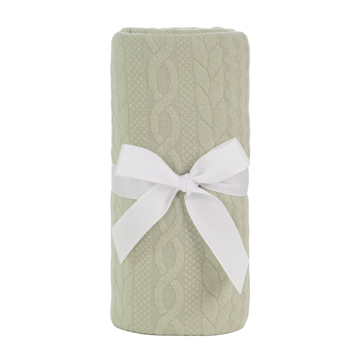 Light green Sealy baby knit blanket for newborns with cable knit pattern and white ribbon