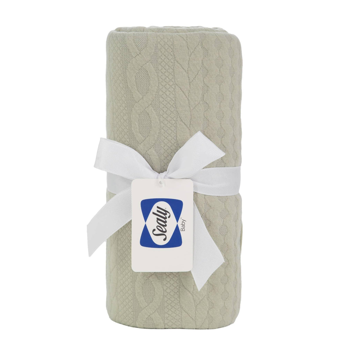 Sealy baby knit blanket in light gray for newborns with textured cable knit pattern