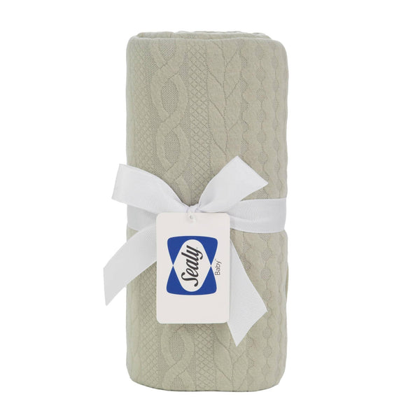 Sealy baby knit blanket in light gray for newborns with textured cable knit pattern
