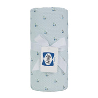 Light blue Sealy baby knit blanket with small floral pattern made of soft breathable fabric