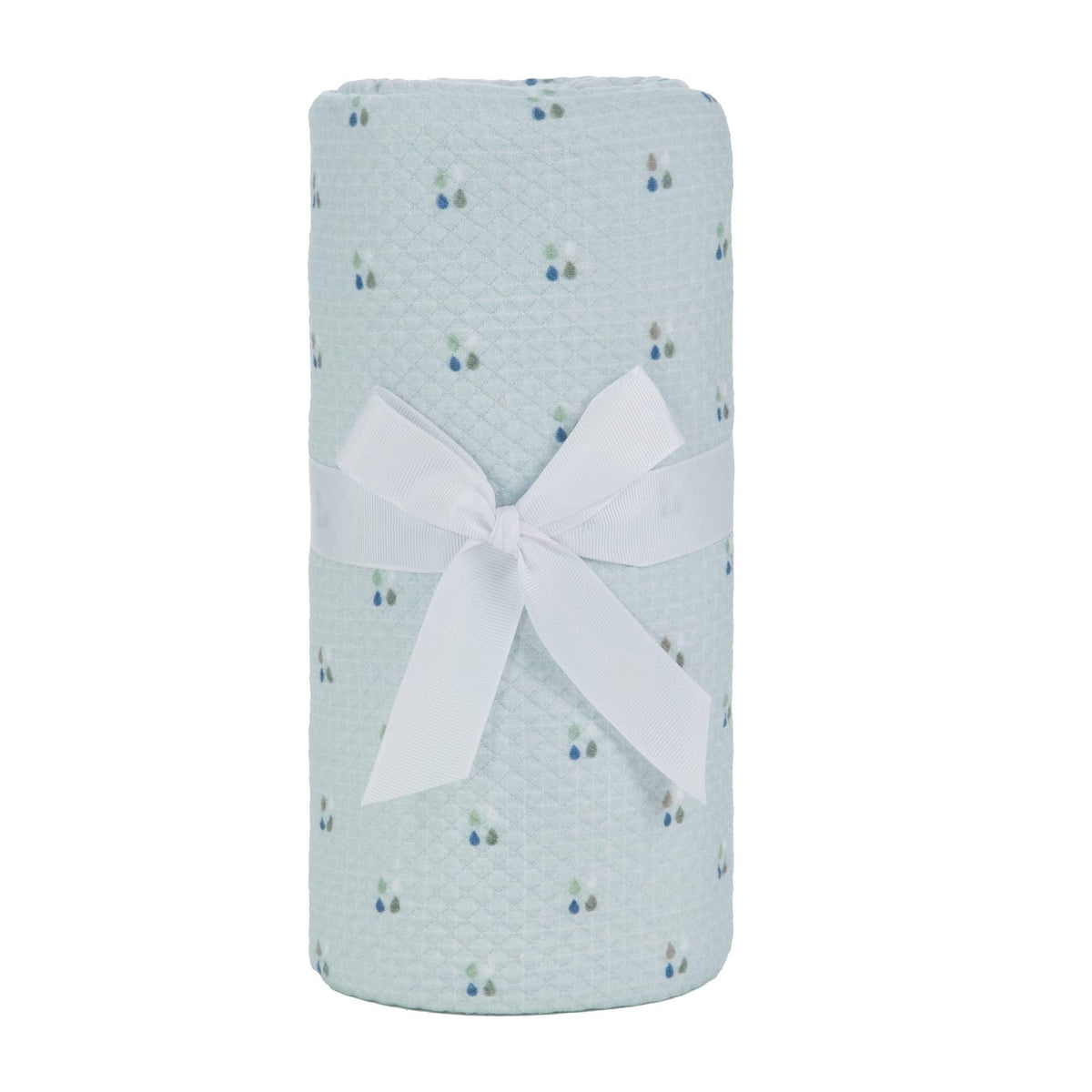 Light blue Sealy baby knit blanket with small multicolor dot pattern made of soft breathable fabric