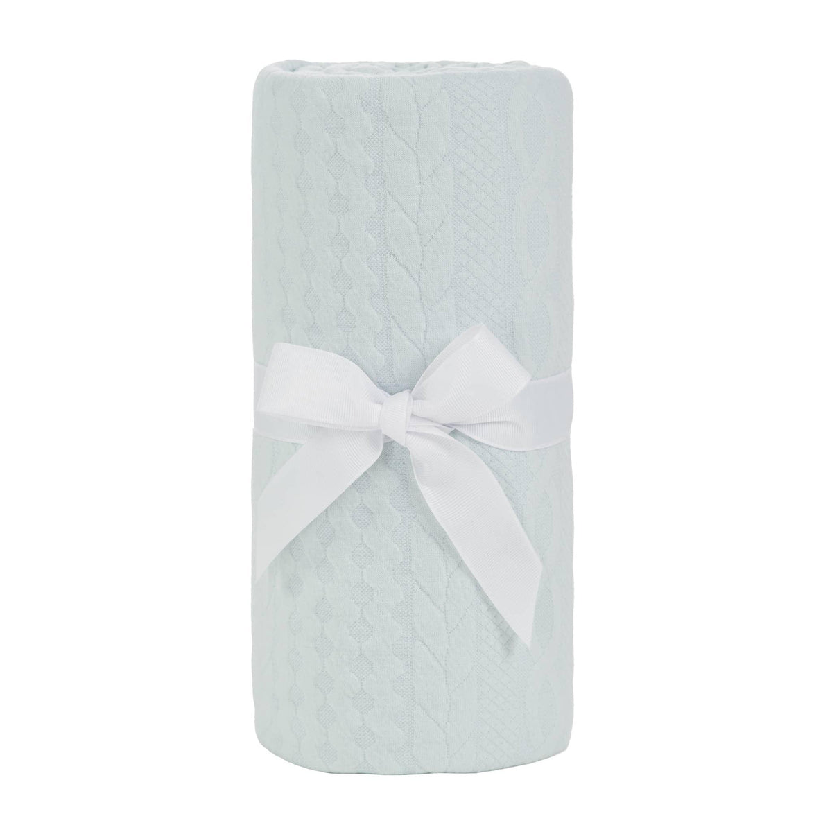 Sealy baby knit blanket eucalyptus in light green cable knit cotton with white ribbon