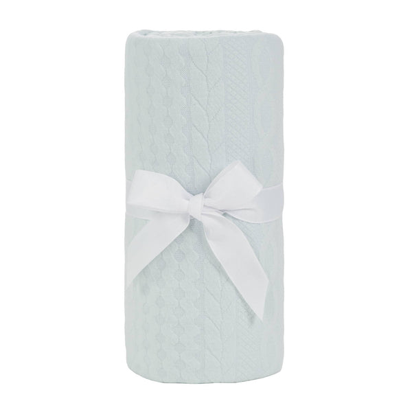 Sealy baby knit blanket eucalyptus in light green cable knit cotton with white ribbon