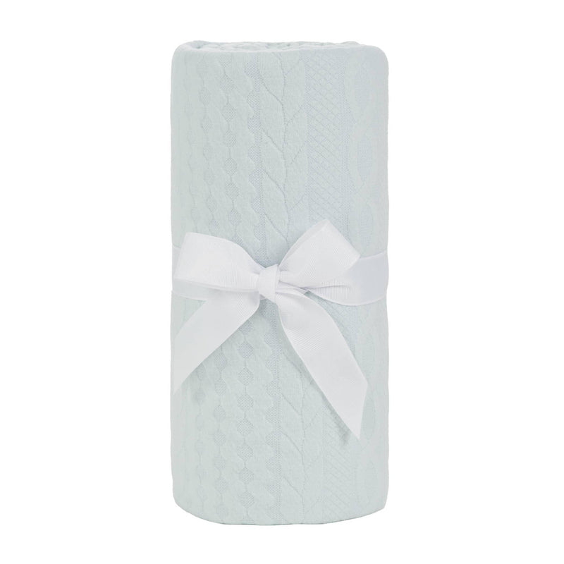 Sealy baby knit blanket eucalyptus in light green cable knit cotton with white ribbon