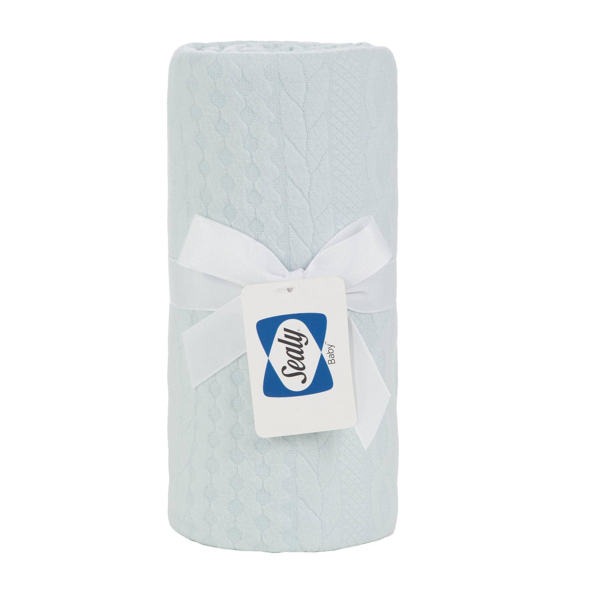 Sealy baby knit blanket eucalyptus color soft cotton knit children's blanket rolled with white ribbon