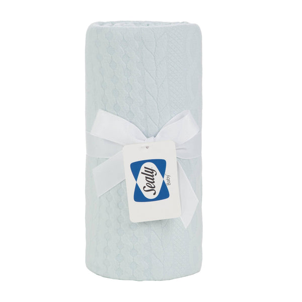 Sealy baby knit blanket eucalyptus color soft cotton knit children's blanket rolled with white ribbon