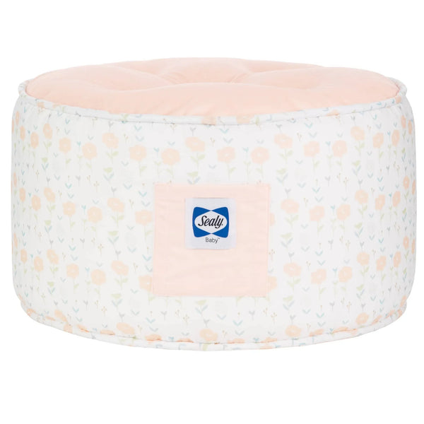 Goosewaddle toddler pouf seat for playroom with pink top and floral patterned sides for children