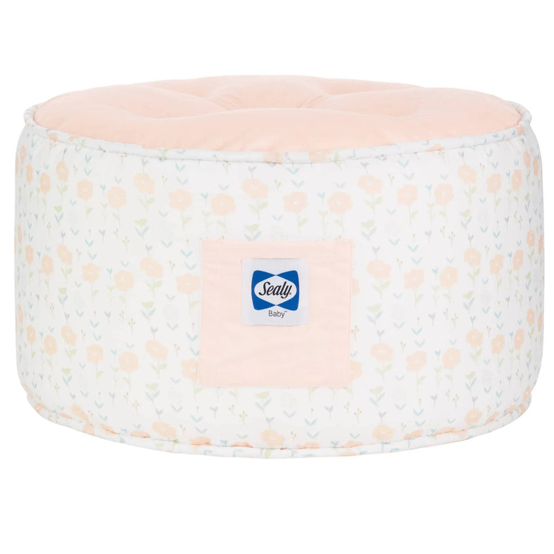 Goosewaddle toddler pouf seat for playroom with pink top and floral patterned sides for children