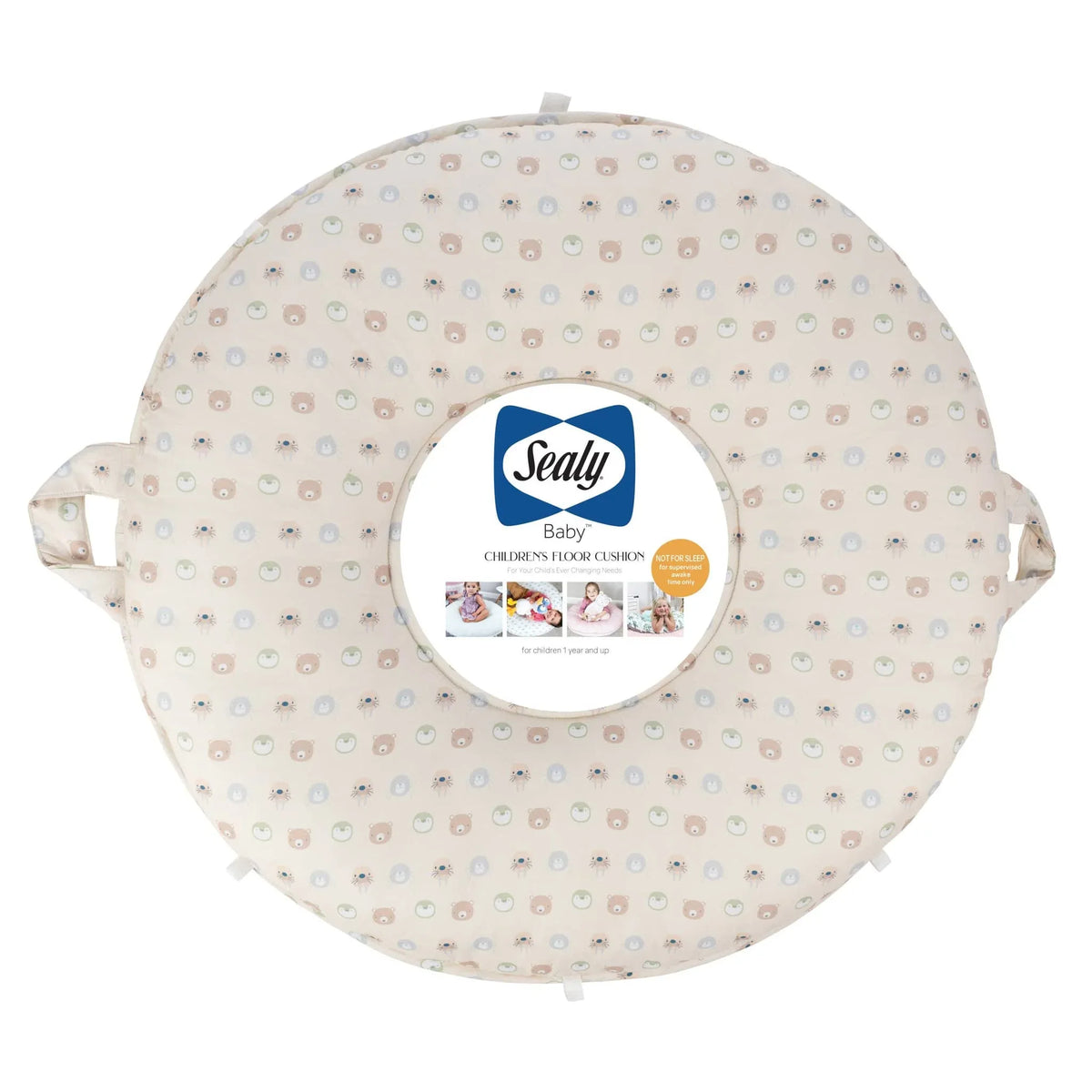 Sealy children's floor cushion in beige with pastel animal print for toddlers and babies