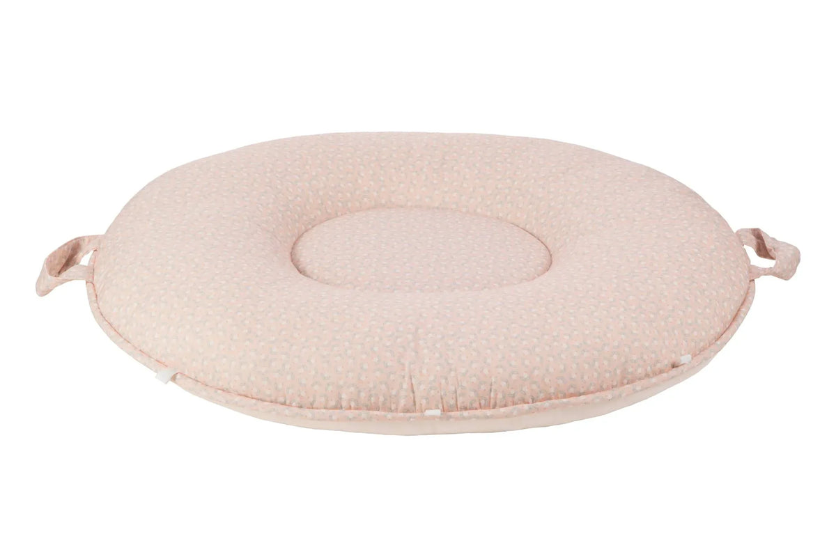 pink floral floor cushion for toddlers with small floral print and side handles for easy carrying