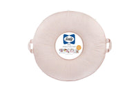 round pink floral floor cushion for toddlers by Sealy with handles for easy carrying