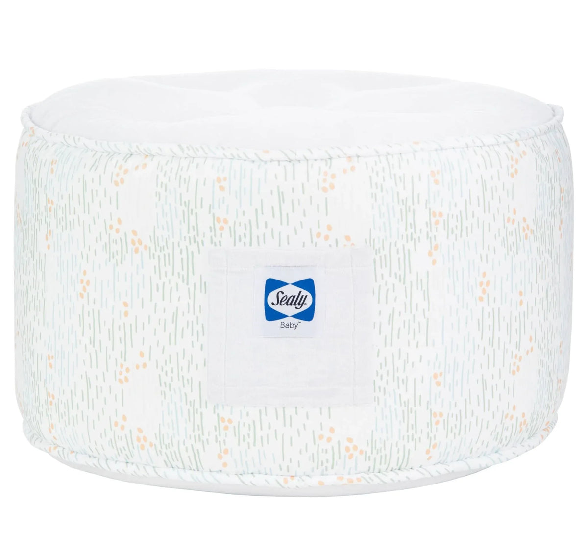 white and light green sealy pouf for toddlers with subtle orange dots and soft fabric texture