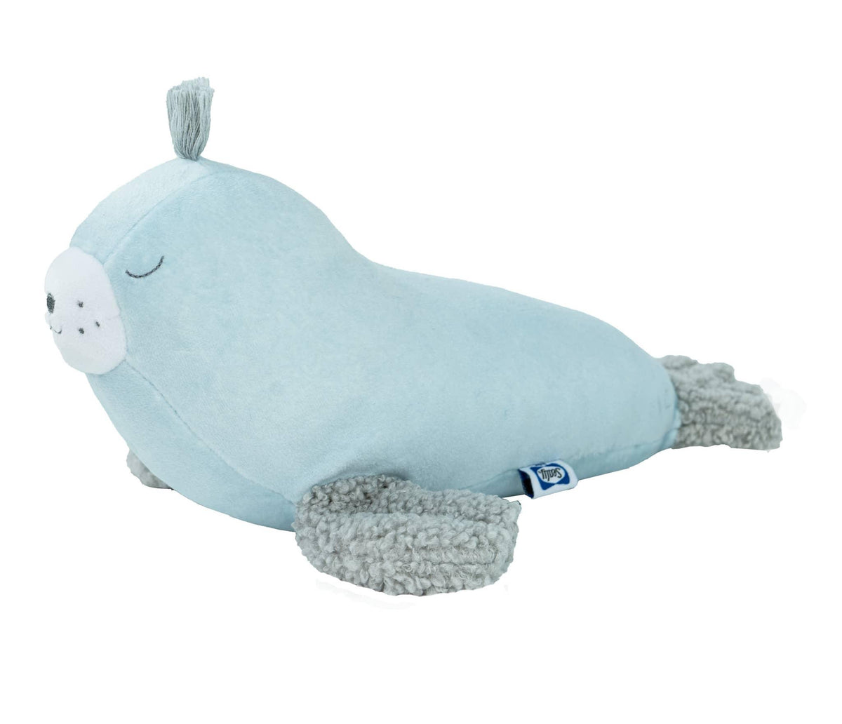Light blue Sealy the Seal plush baby toy with gray textured flippers and soft fabric for newborns