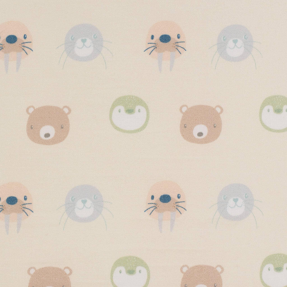 Close-up of beige toddler animal pouf seat fabric with brown bears, green penguins, and blue walruses pattern