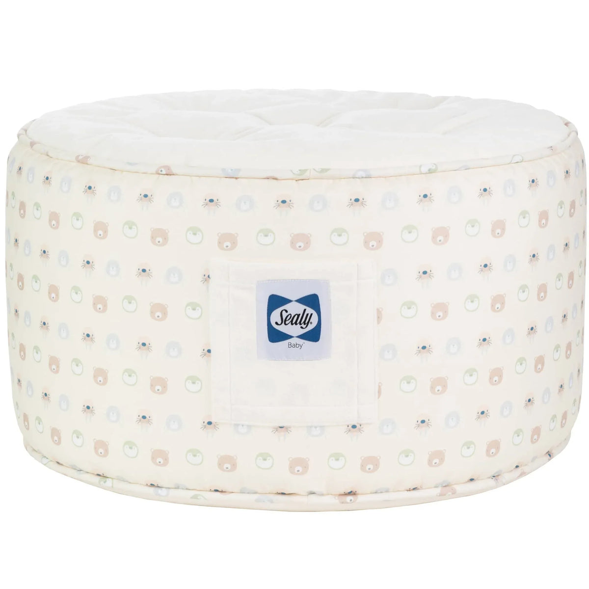 Round beige toddler animal pouf seat with pastel animal faces and Sealy Baby logo patch