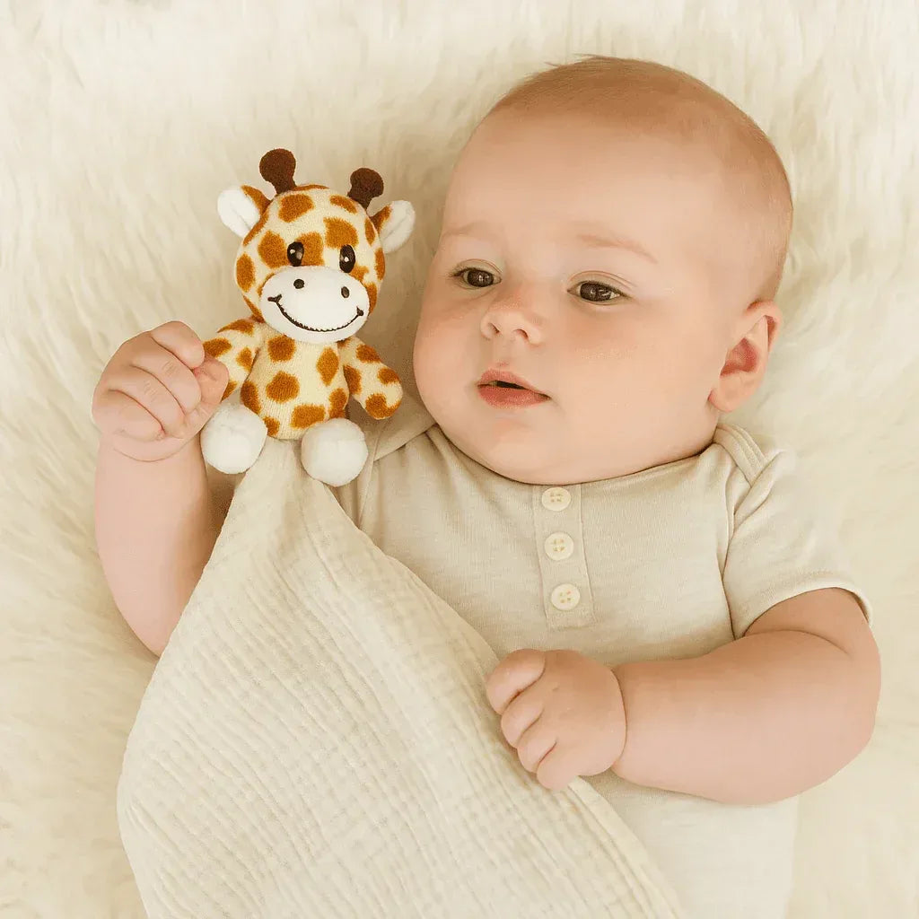 Cream cotton security blanket by Me Lovey with a baby holding a small giraffe plush toy