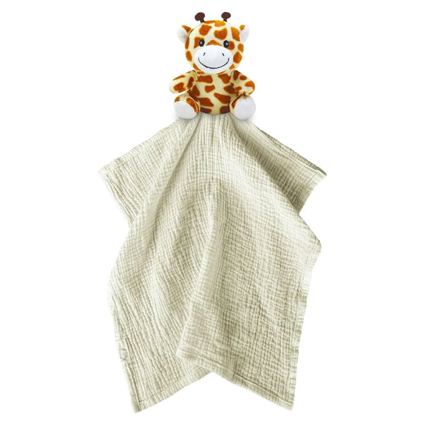 Beige cotton security blanket with soft plush giraffe attached by Me Lovey