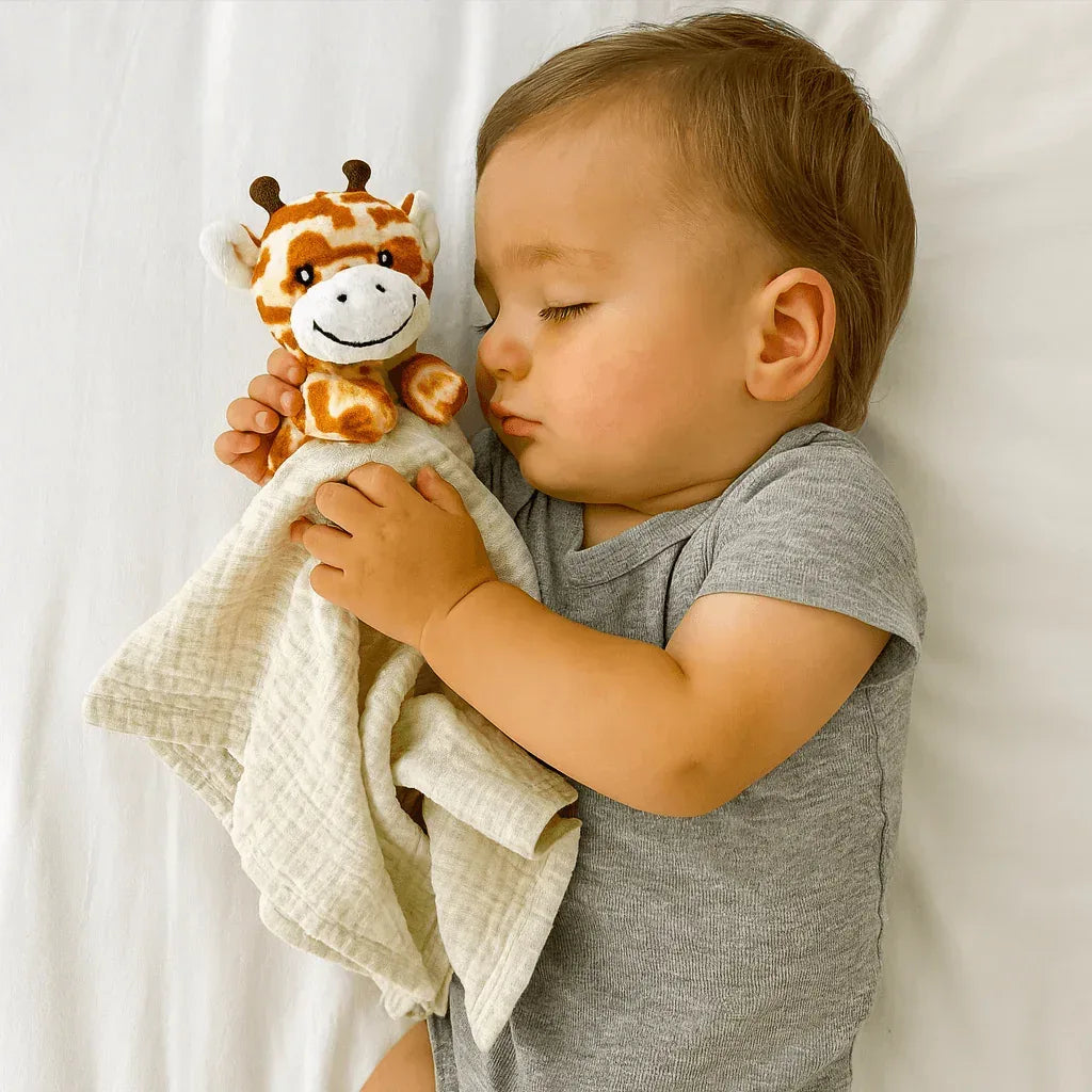 Baby sleeping while holding beige cotton security blanket with giraffe plush from Me Lovey