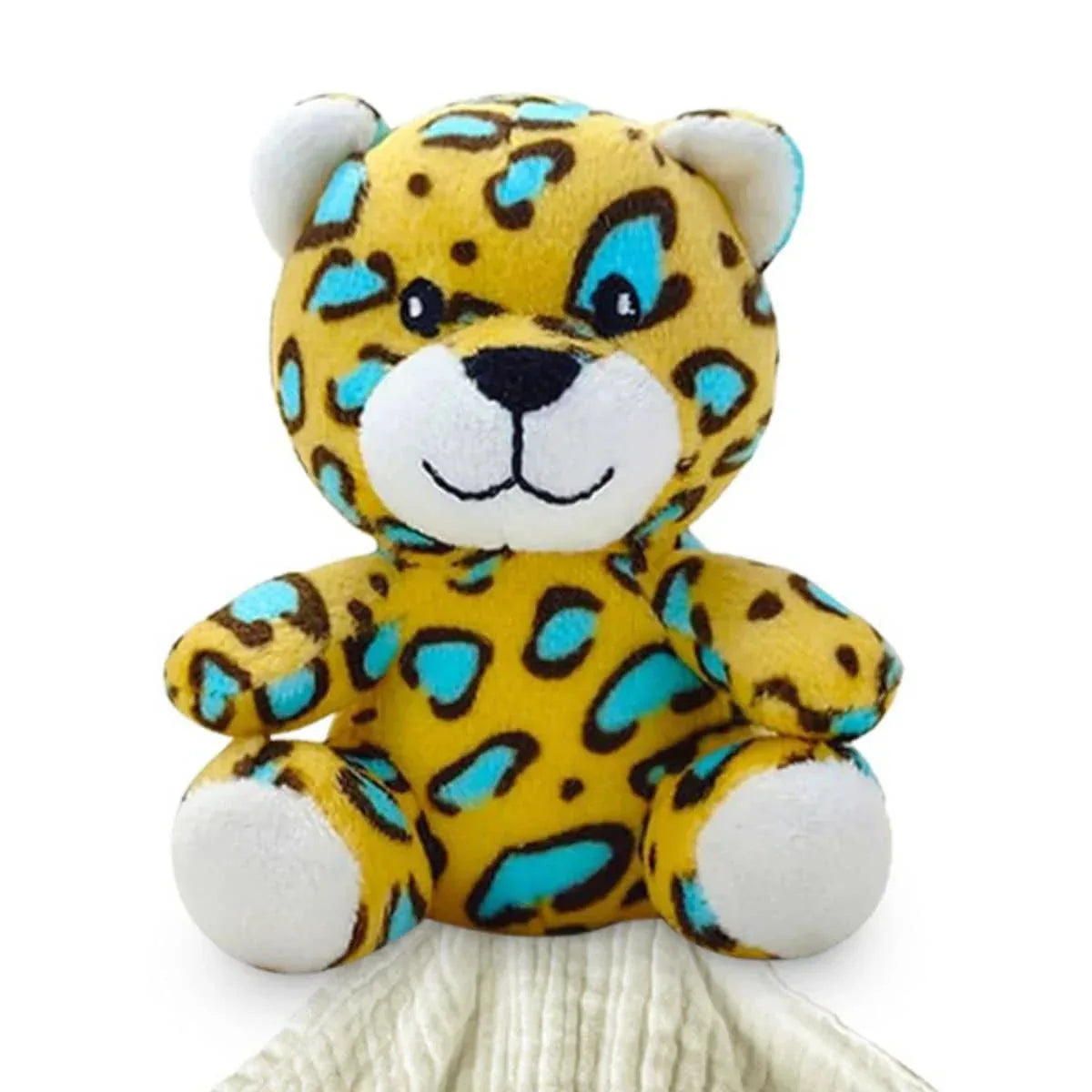 Yellow and blue plush leopard security blanket toy with soft cream-colored blanket by Me Lovey