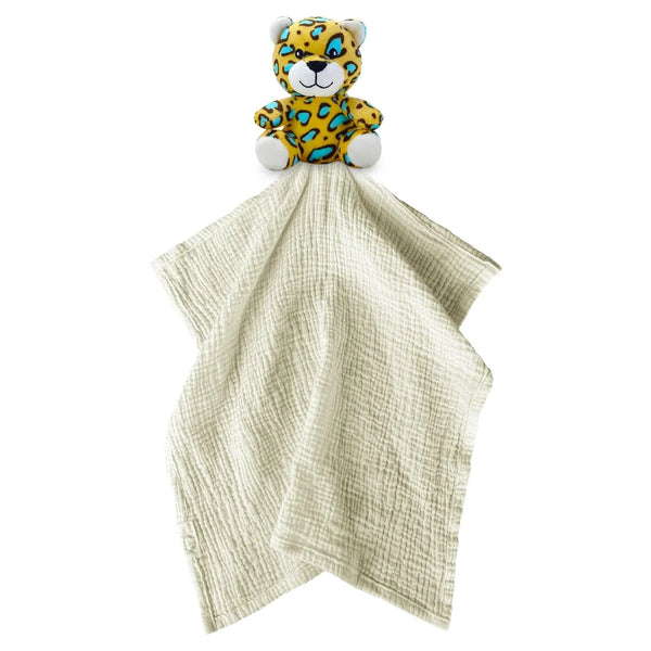 Me Lovey yellow and blue plush leopard security blanket toy with soft beige cotton blanket