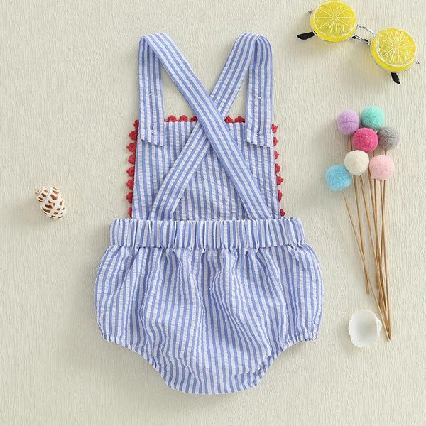 baby blue and white seersucker blue romper with red trim and crossed straps for infants