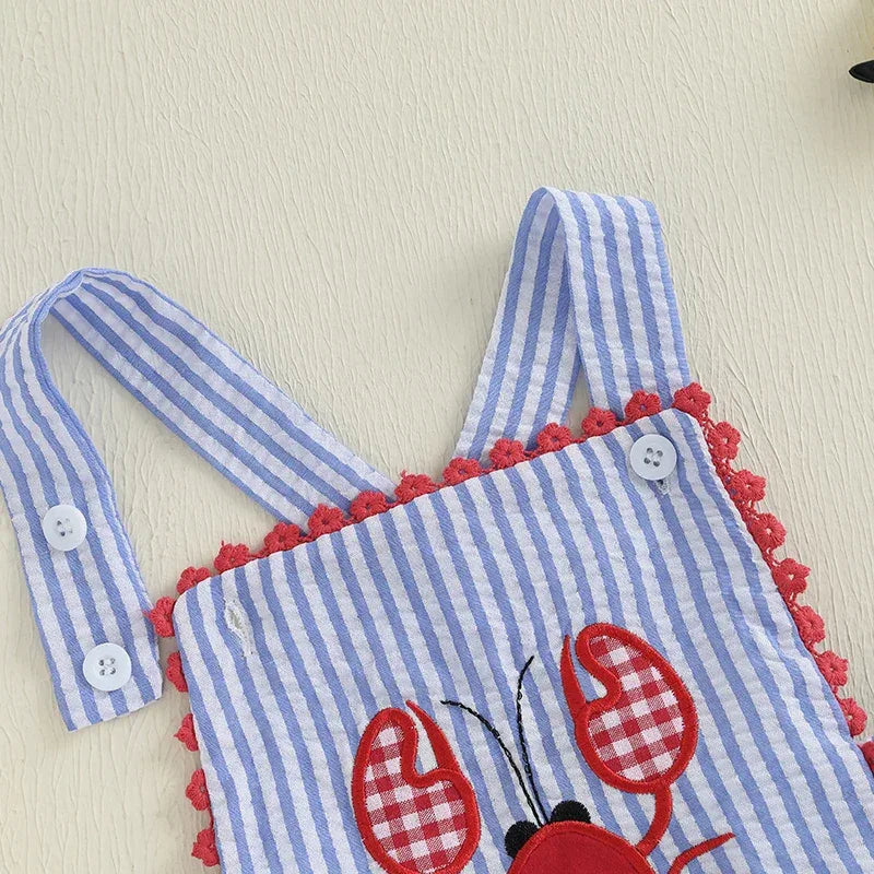 baby seersucker blue romper with red lobster embroidery and button straps for infants