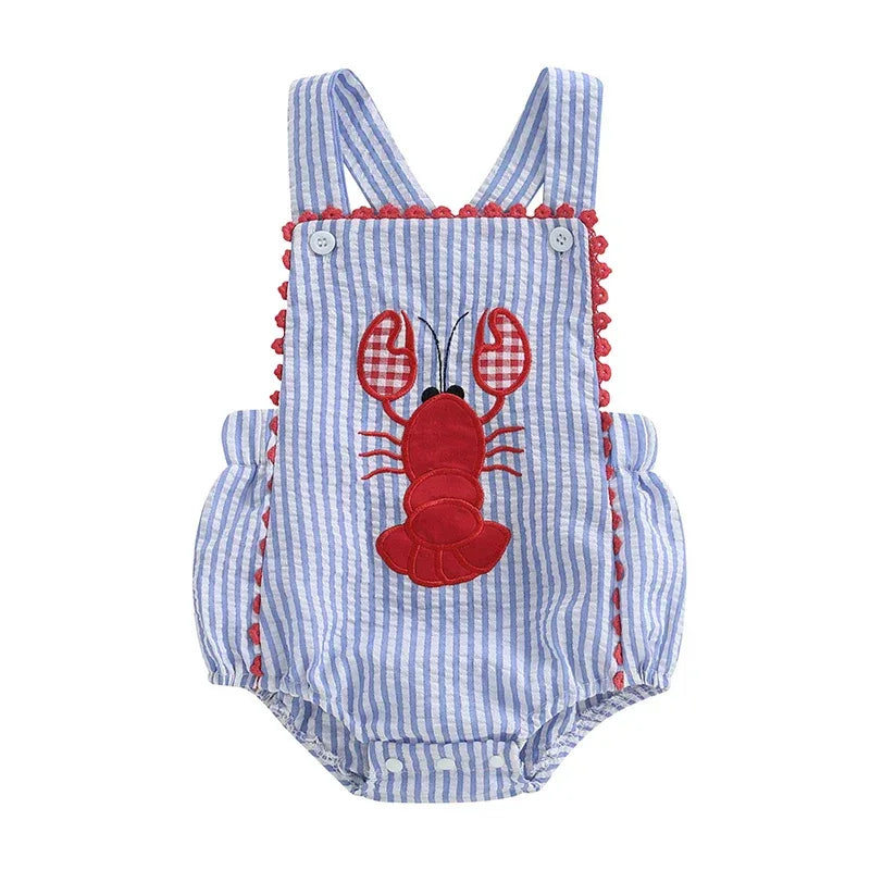 Baby blue and white striped seersucker blue romper with red lobster applique and pom pom trim